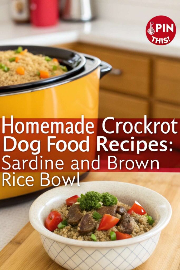 Homemade Crockpot Dog Food Recipe Sardine and Brown Rice Bowl pin 1