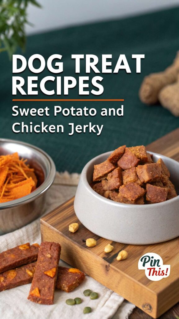 homemade dog treat recipe Sweet Potato and Chicken Jerky pin 1