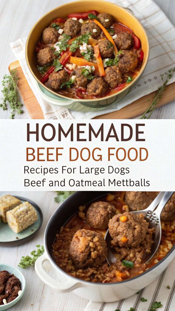 Homemade Beef Dog Food Recipes for Large Dogs Beef and Oatmeal Meatballs pin 1