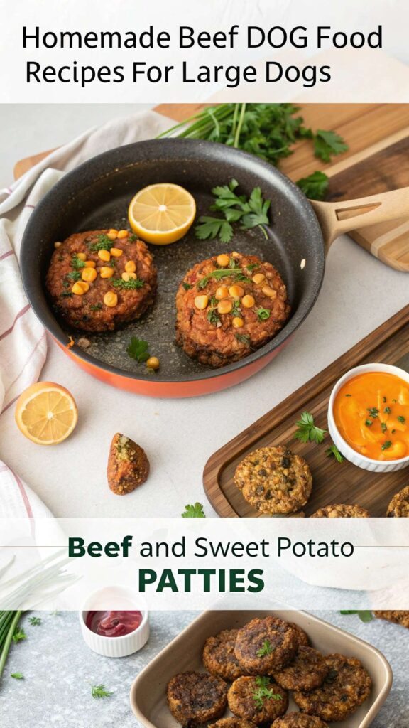 Homemade Beef Dog Food Recipes for Large Dogs Beef and Sweet Potato Patties pin 1