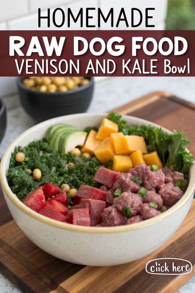 Homemade Raw Dog Food Venison and Kale Bowl recipe pin 2