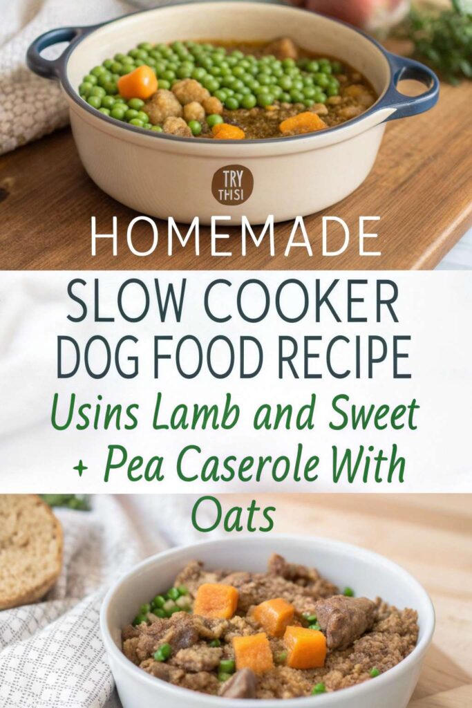 Homemade Slow Cooker Dog Food Recipe Using Lamb And Sweet Pea Casserole With Oats pin 1