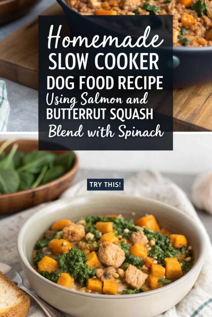 Homemade Slow Cooker Dog Food Recipe Using Salmon And Butternut Squash Blend With Spinach pin 1