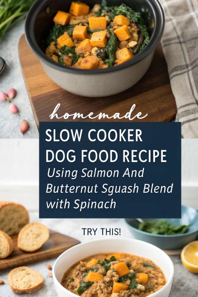 Homemade Slow Cooker Dog Food Recipe Using Salmon And Butternut Squash Blend With Spinach pin 2