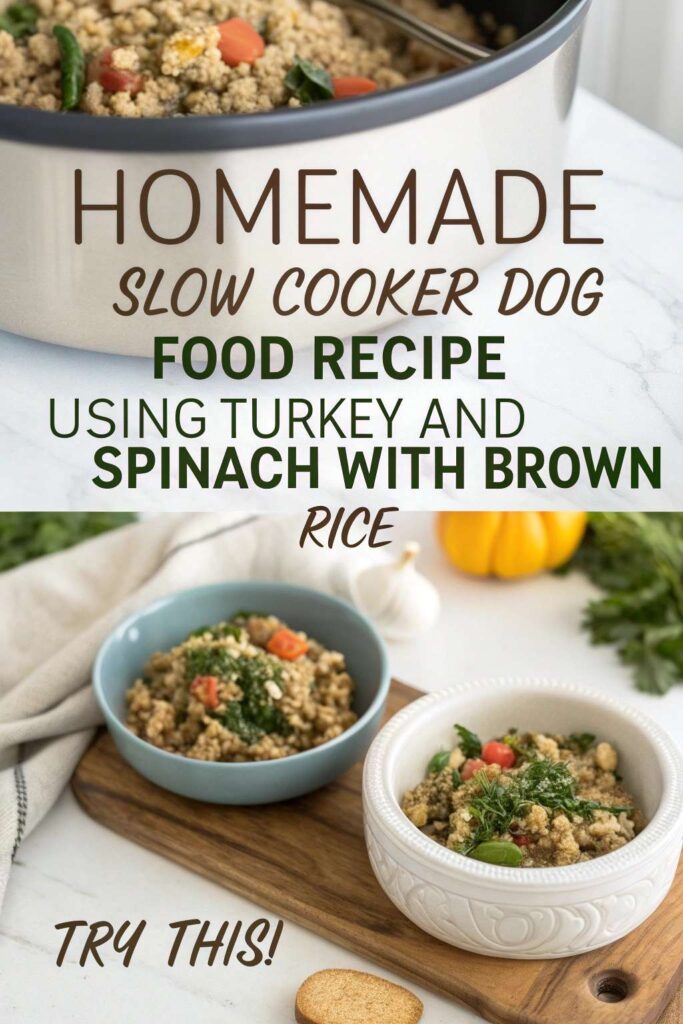 Homemade Slow Cooker Dog Food Recipe Using Turkey And Spinach With Brown Rice pin 1
