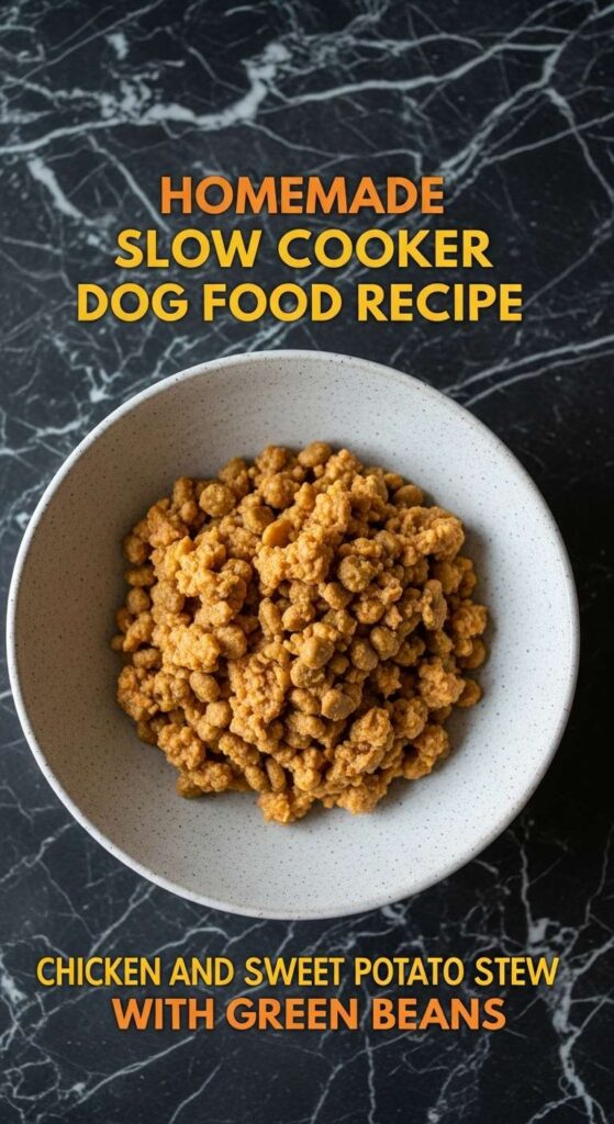homemade slow cooker dog food recipe using Chicken and Sweet Potato Stew with Green Beans pin 1