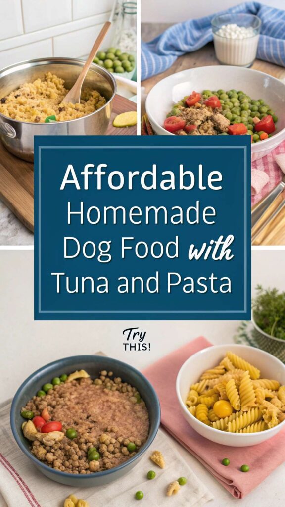 Affordable Homemade Dog Food with Tuna in water and Pasta recipe pin 1