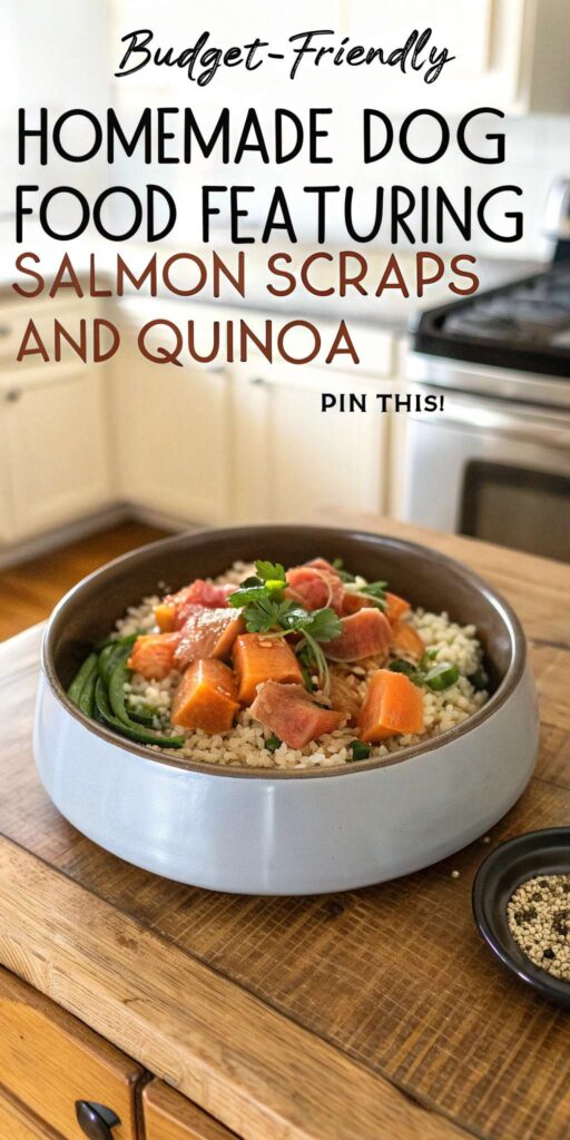Budget Friendly Homemade Dog Food featuring Salmon Scraps and Quinoa pin 1