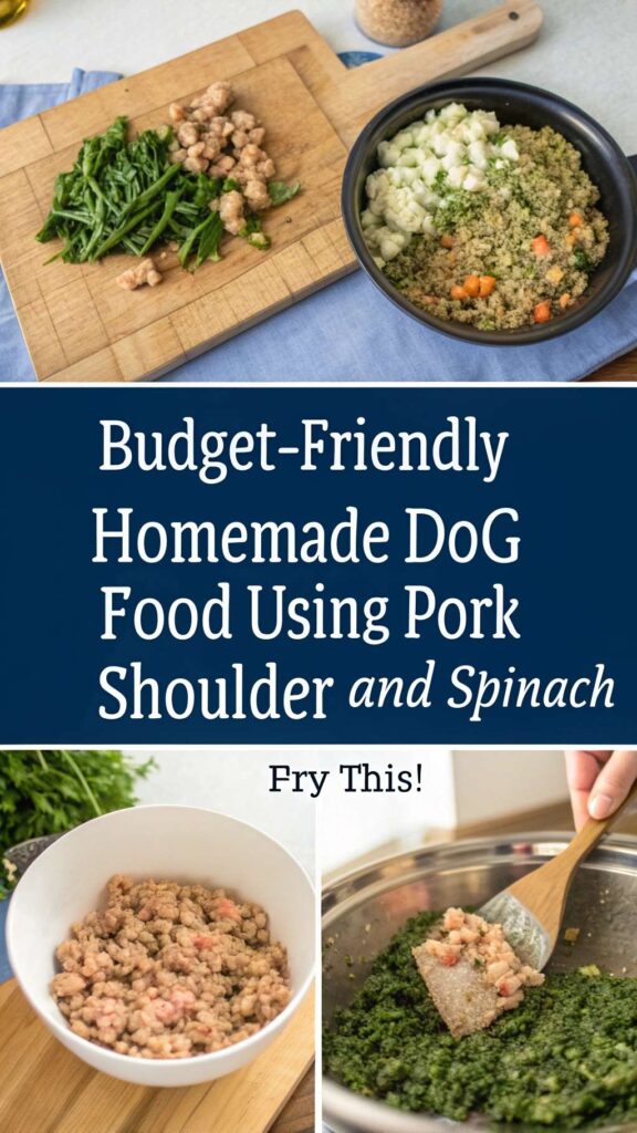 Budget Friendly Homemade Dog Food using Pork Shoulder and Spinach recipe pin 1
