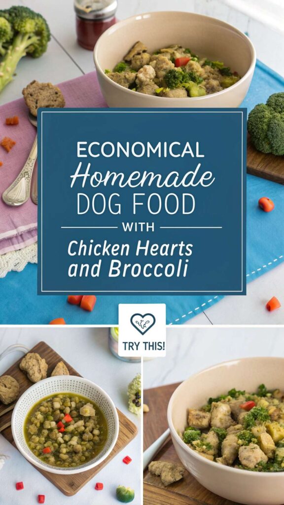 Economical Homemade Dog Food with Chicken Hearts and Broccoli recipe pin 1