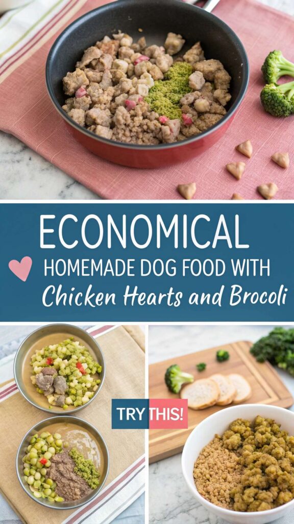 Economical Homemade Dog Food with Chicken Hearts and Broccoli recipe pin 2