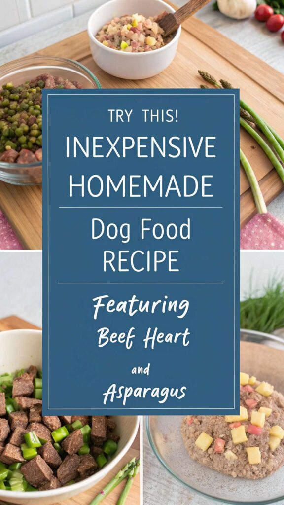 Inexpensive Homemade Dog Food featuring Beef Heart and Asparagus recipe pin 1
