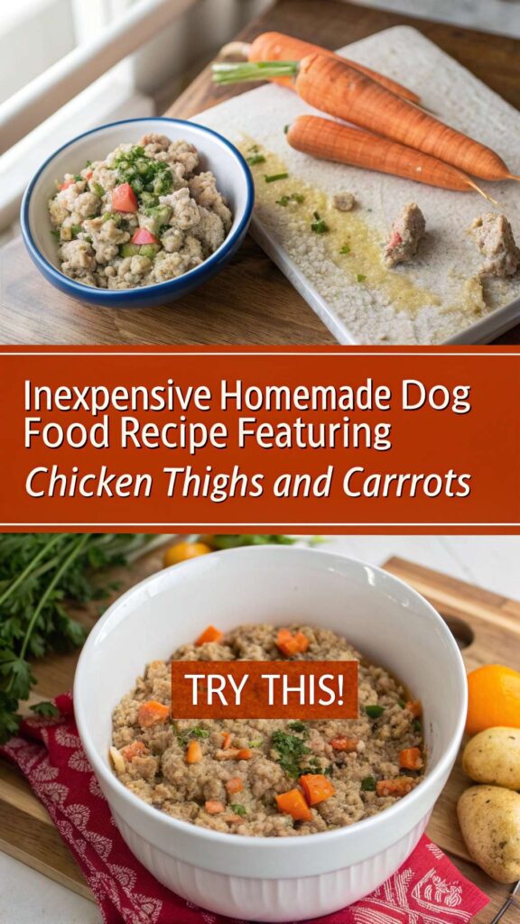 Inexpensive Homemade Dog Food recipe featuring Chicken Thighs and Carrots pin 1