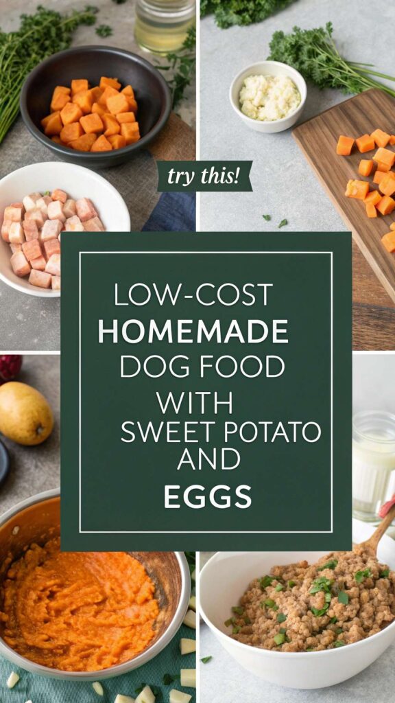 Low Cost Homemade Dog Food featuring Sweet Potato and Eggs recipe pin 1
