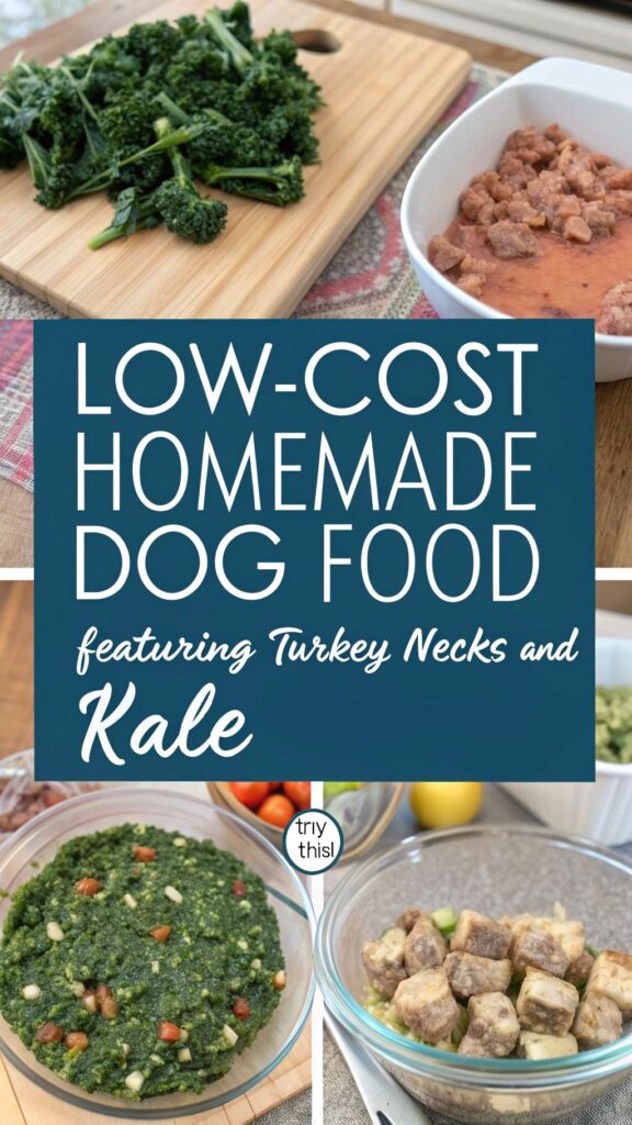 Low Cost Homemade Dog Food featuring Turkey Necks and Kale recipe pin 1