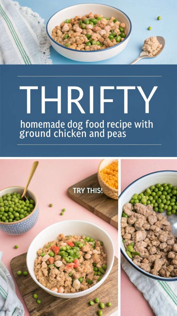 Thrifty Homemade Dog Food recipe with Ground Chicken and Peas pin 1
