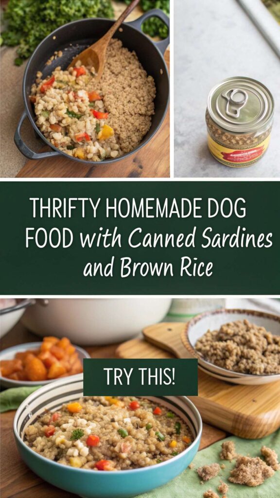 Thrifty Homemade Dog Food with Canned Sardines and Brown Rice recipe pin 1