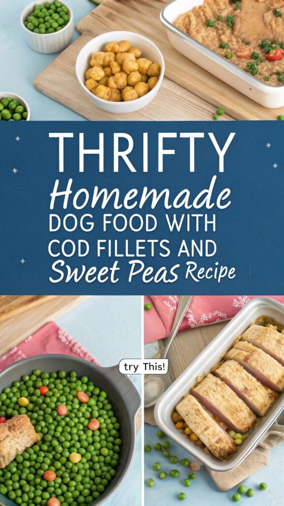Thrifty Homemade Dog Food with Cod Fillets and Sweet Peas recipe pin 1
