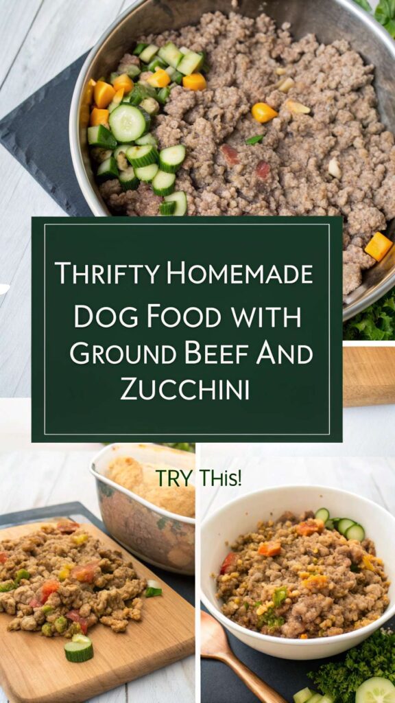Thrifty Homemade Dog Food with Ground Beef and Zucchini recipe pin 1