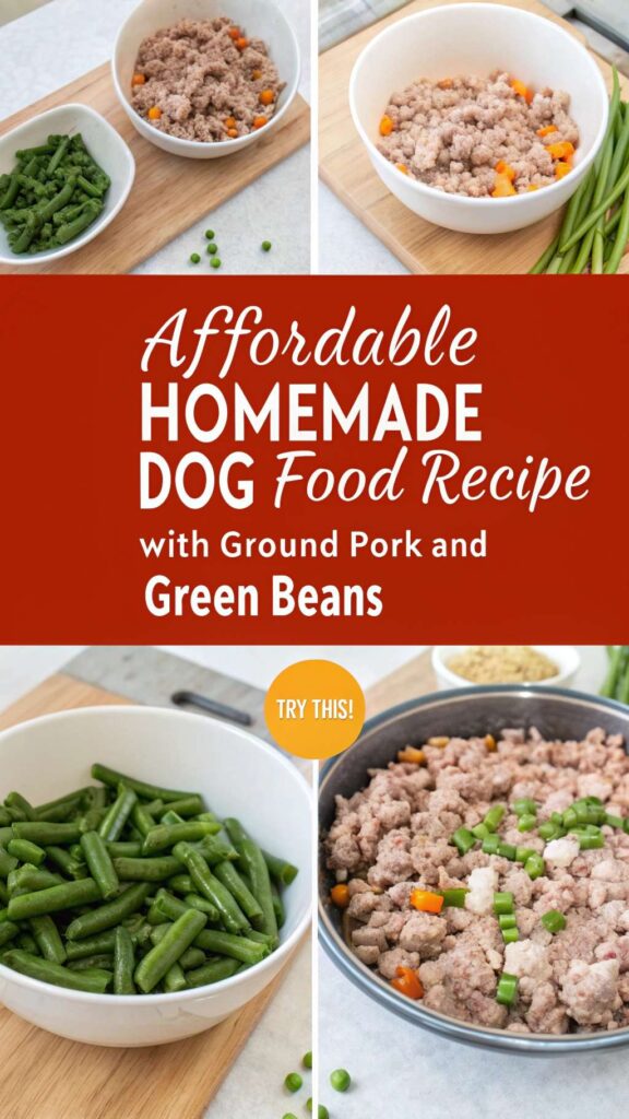Affordable Homemade Dog Food recipe with Ground Pork and Green Beans pin 1
