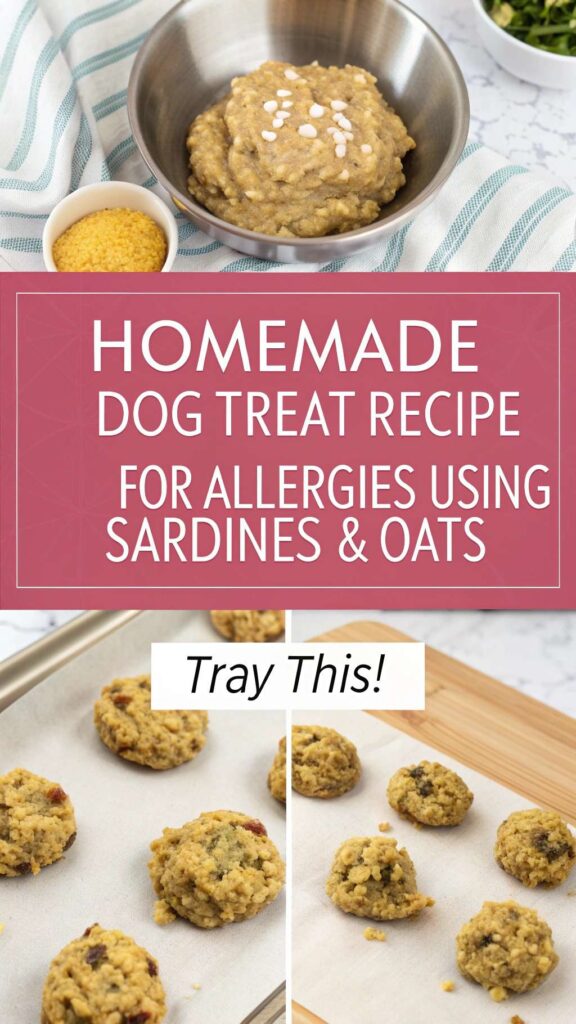 Homemade Dog Treat Recipe for Allergies Using Sardines Oats pin 1