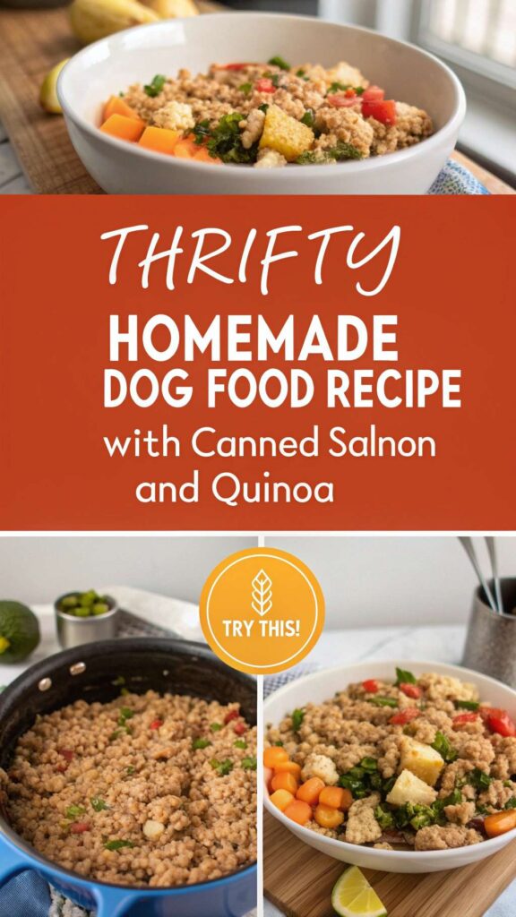 Thrifty Homemade Dog Food recipe with Canned Salmon and Quinoa pin 1