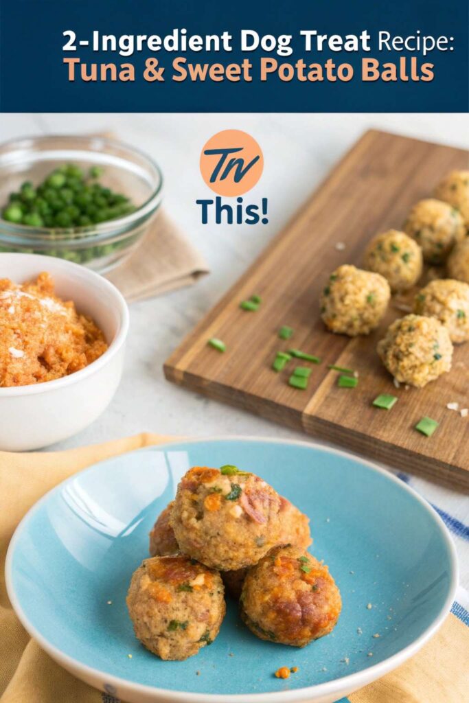 2 Ingredient Dog Treat Recipe Tuna Sweet Potato Balls pin 1