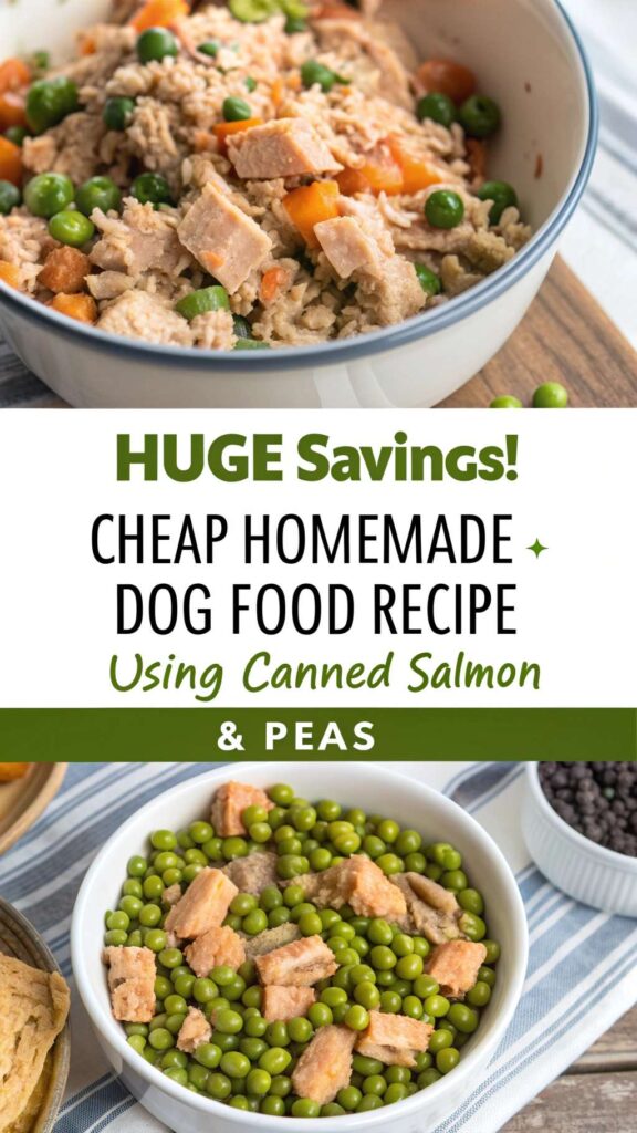 Cheap Homemade Dog Food Recipe Using Canned Salmon Peas pin 1