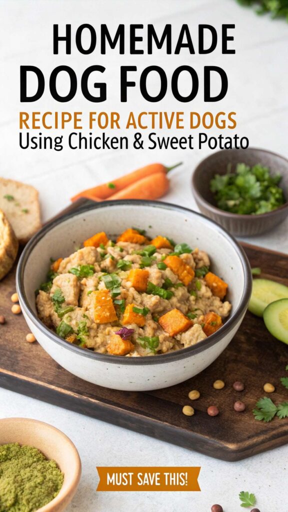 Homemade Dog Food Recipe for Active Dogs using Chicken Sweet Potato pin 1