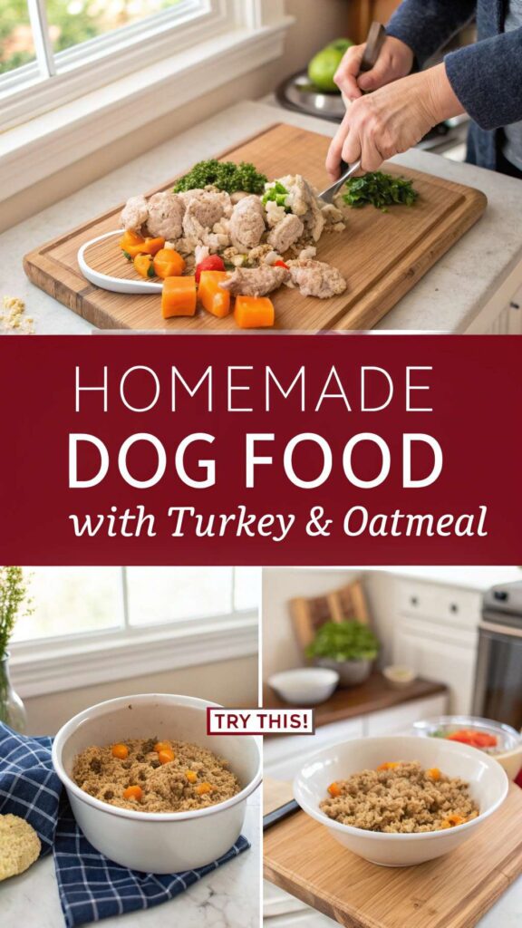 Homemade Dog Food Recipe for Active Dogs using Turkey Oatmeal pin 1