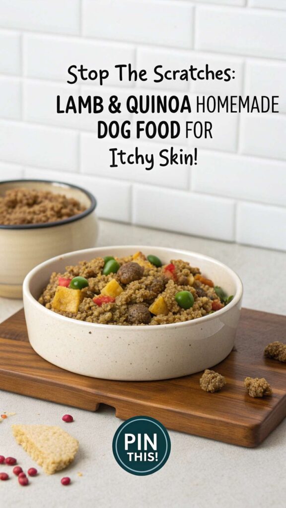 Homemade Dog Food Recipe for Itchy Skin Using Lamb Quinoa pin 1