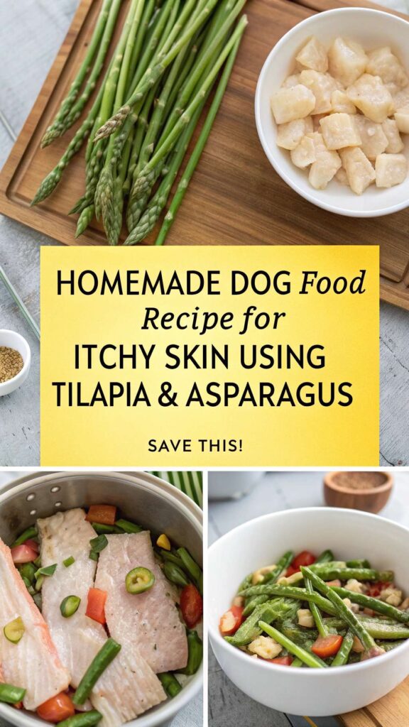Homemade Dog Food Recipe for Itchy Skin Using Tilapia Asparagus pin 1