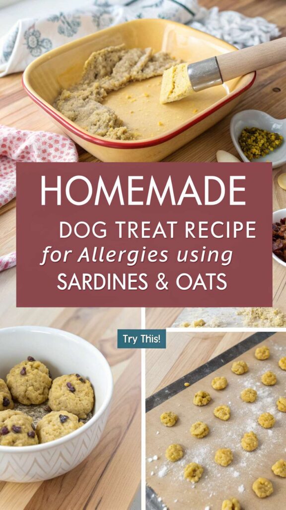 Homemade Dog Treat Recipe for Allergies Using Sardines Oats pin 2