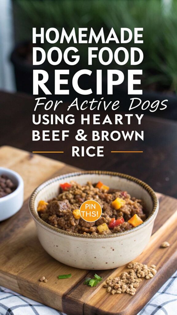 Homemade dog food recipe for active dogs using Hearty Beef Brown Rice pin 1