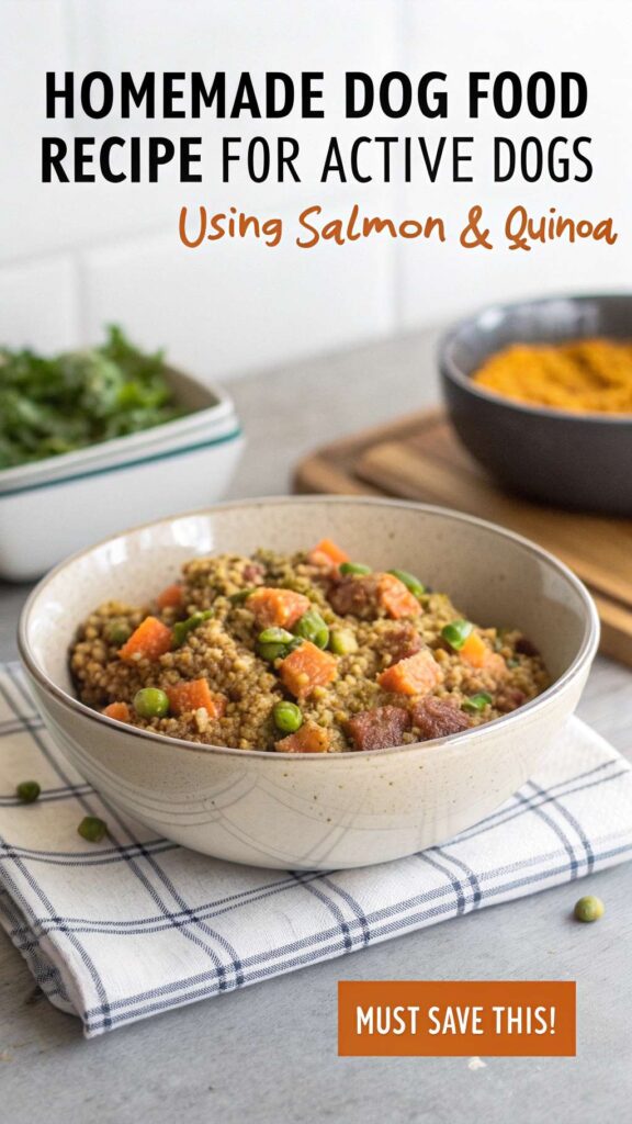 Homemade dog food recipe for active dogs using Salmon Quinoa pin 1