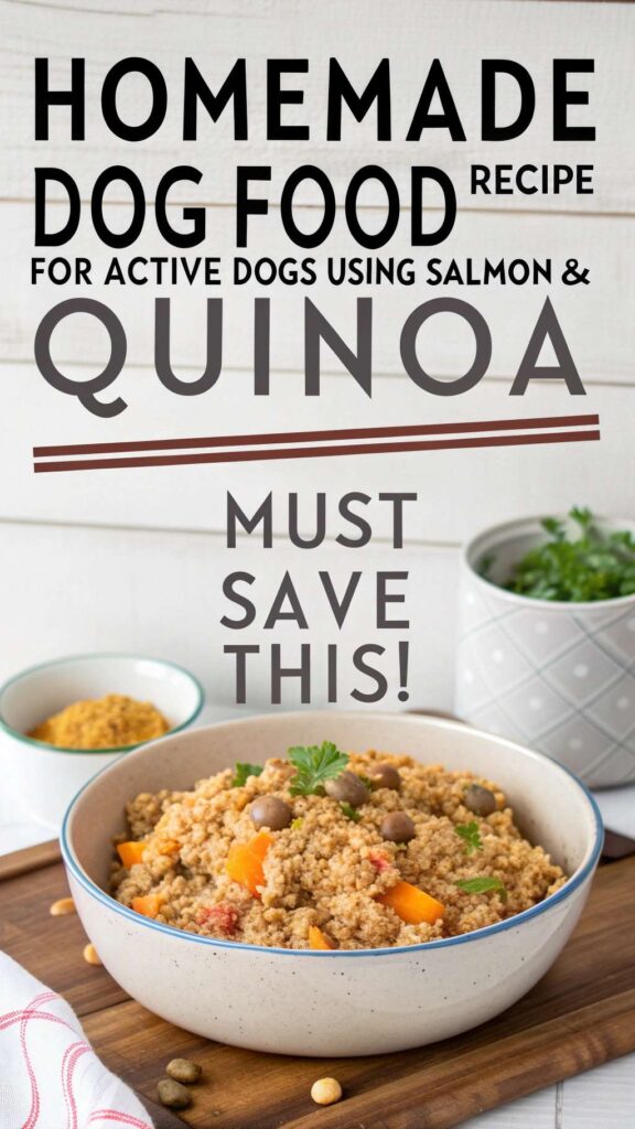 Homemade dog food recipe for active dogs using Salmon Quinoa pin 2