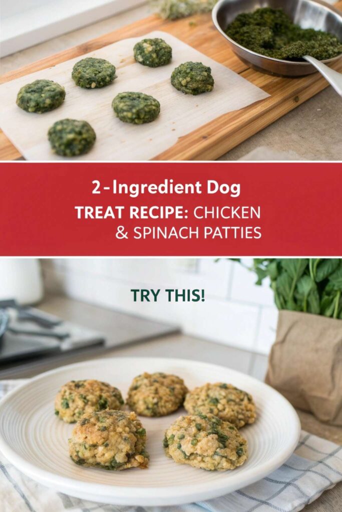 2 Ingredient Dog Treat Recipe Chicken Spinach Patties pin 1