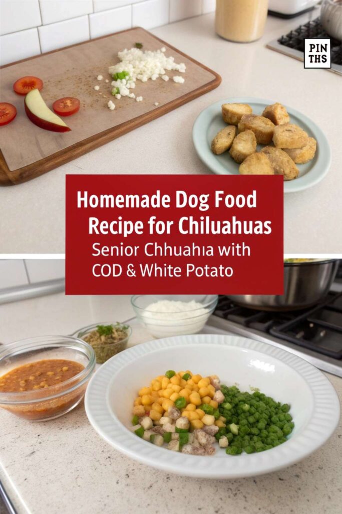 Homemade Dog Food Recipe for Chihuahuas Senior Chihuahuas Cod White Potato pin 1
