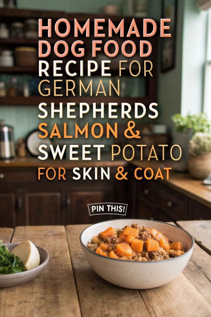 Homemade Dog Food Recipe for German Shepherds Salmon Sweet Potato for Skin Coat pin 1