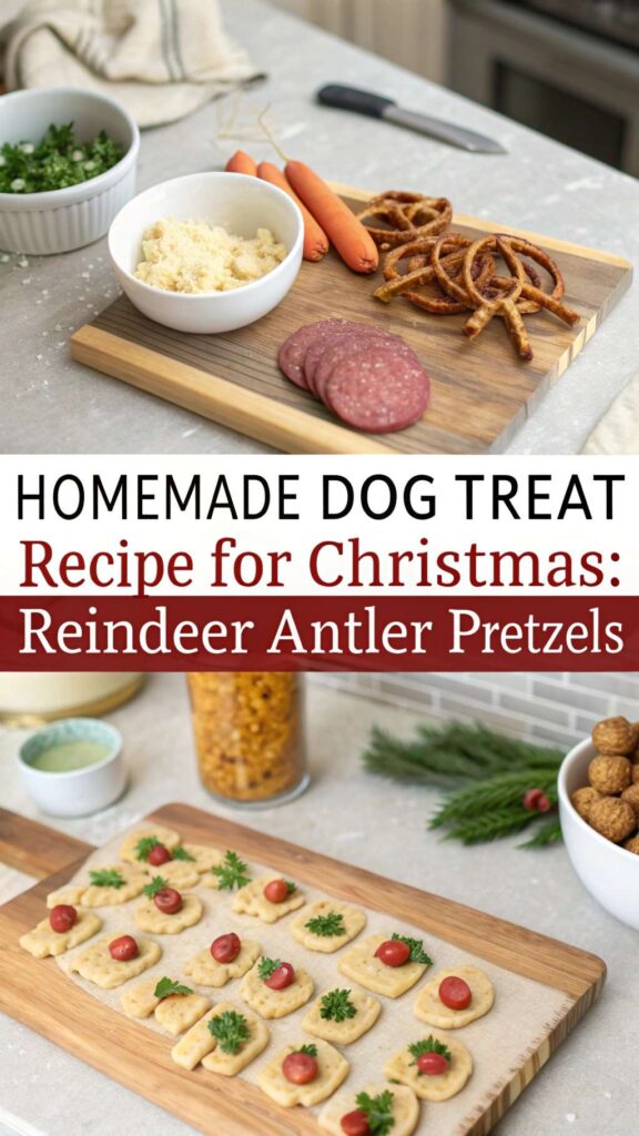 Homemade Dog Treat Recipe for Christmas Reindeer Antler Pretzels pin 1