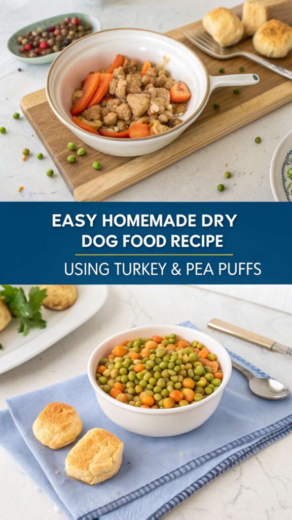 Homemade Dry Dog Food Recipe using Turkey Pea Puffs pin 1
