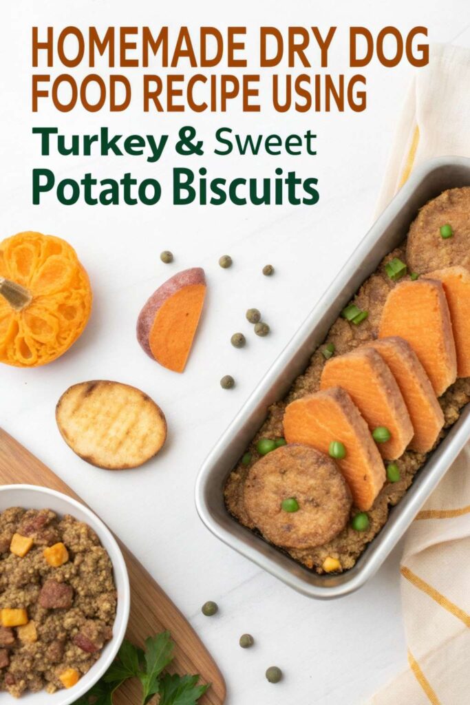 Homemade Dry Dog Food Recipe using Turkey Sweet Potato Biscuits pin 1