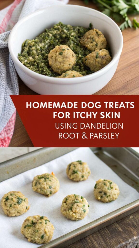 homemade Dog Treats for Itchy Skin using Dandelion Root Parsley pin 1