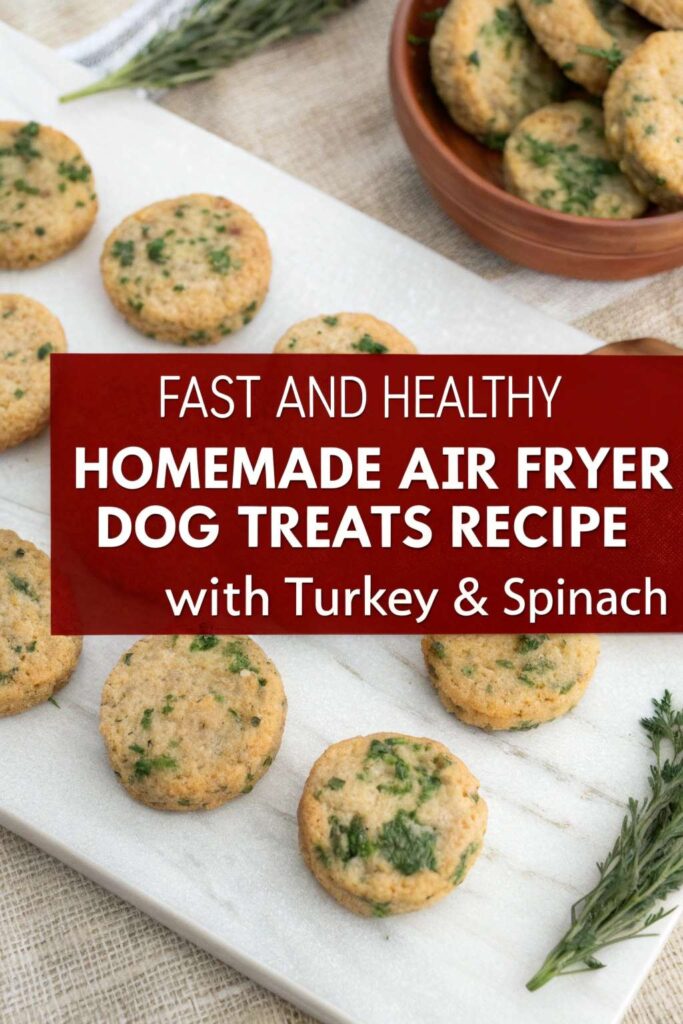 Homemade Air Fryer Dog Treats Recipe With Turkey Spinach pin 1