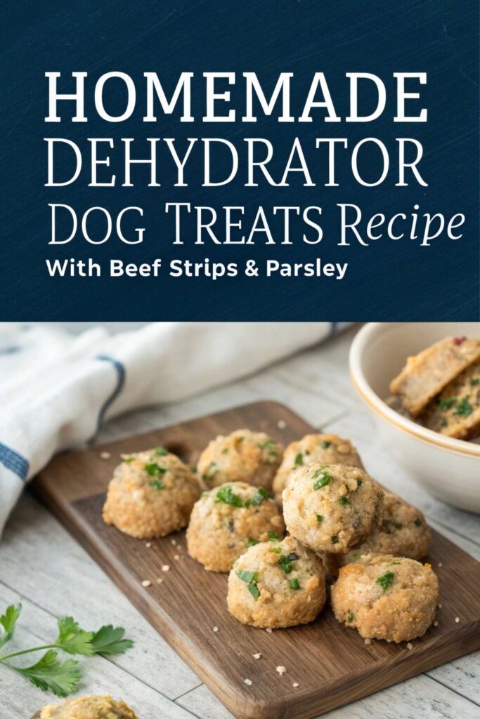 Homemade Dehydrator Dog Treats Recipe With Beef Strips Parsley pin 1
