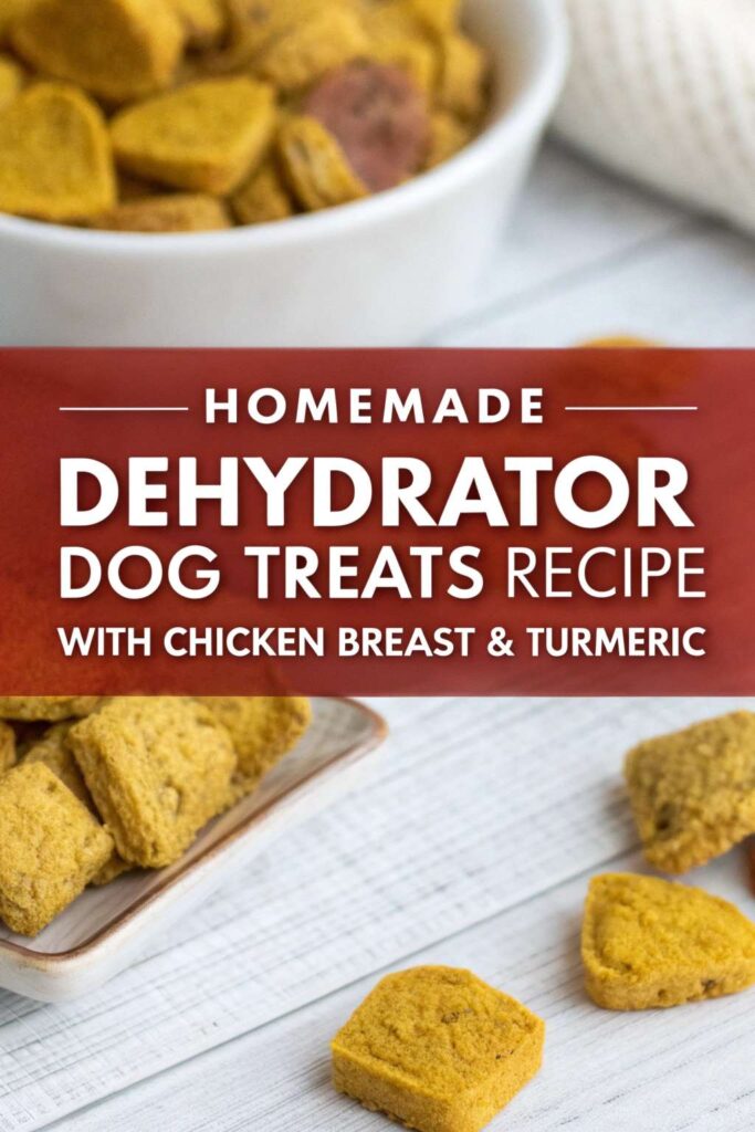Homemade Dehydrator Dog Treats Recipe With Chicken Breast Turmeric pin 1