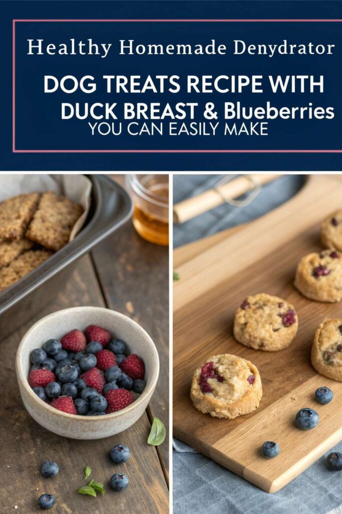 Homemade Dehydrator Dog Treats Recipe With Duck Breast Blueberries pin 1