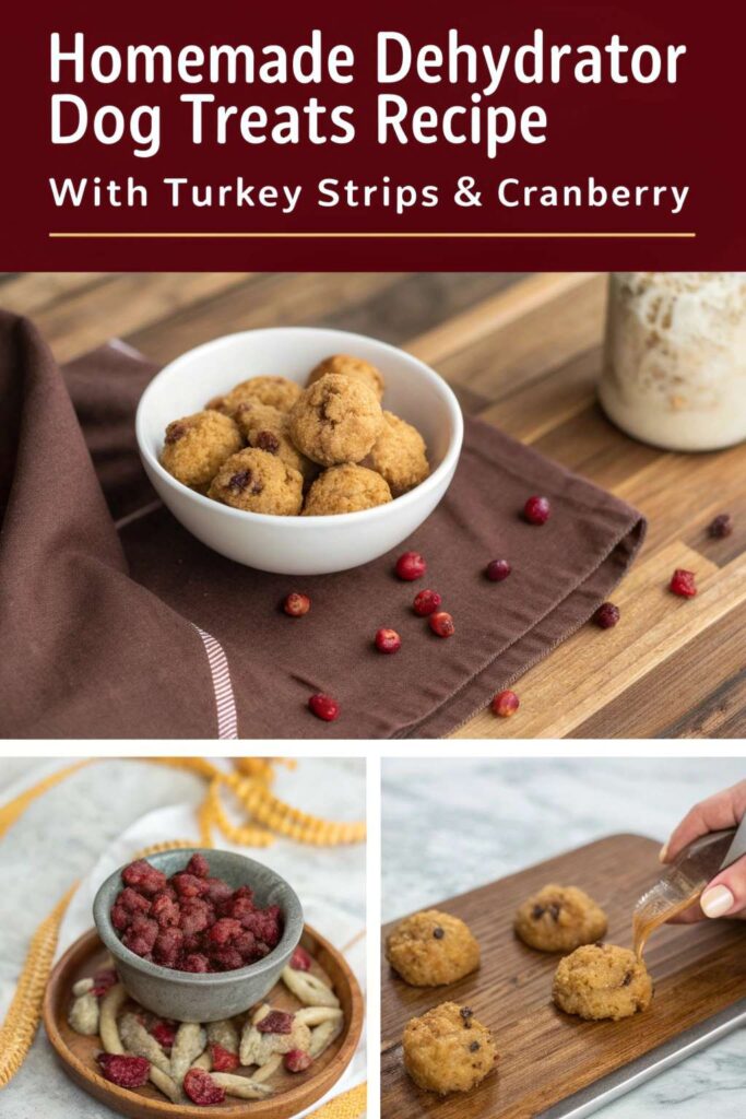 Homemade Dehydrator Dog Treats Recipe With Turkey Strips Cranberry pin 1