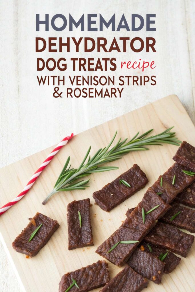 Homemade Dehydrator Dog Treats Recipe With Venison Strips Rosemary pin 1