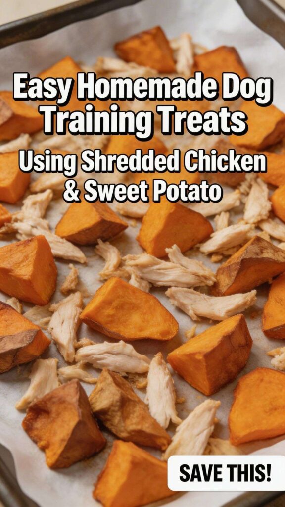 Easy Homemade Dog Training Treats Using Shredded Chicken Sweet Potato pin 1